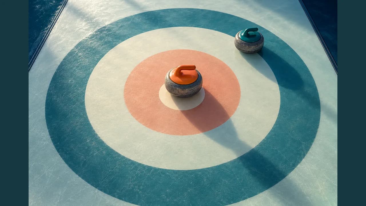 Curling Precision cover with orange and turquoise stones on an ice target
