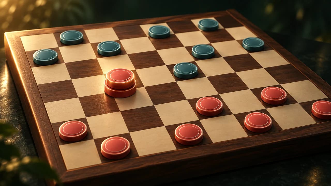Crownline Checkers cover with red and teal pieces, including a stacked king, on a wooden board