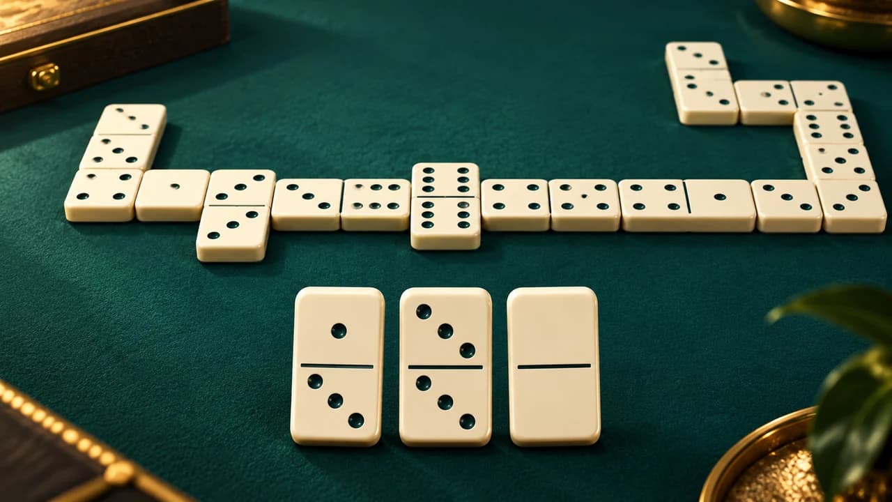 Dominoes cover with a chain of ivory tiles and three tiles in the foreground on green felt