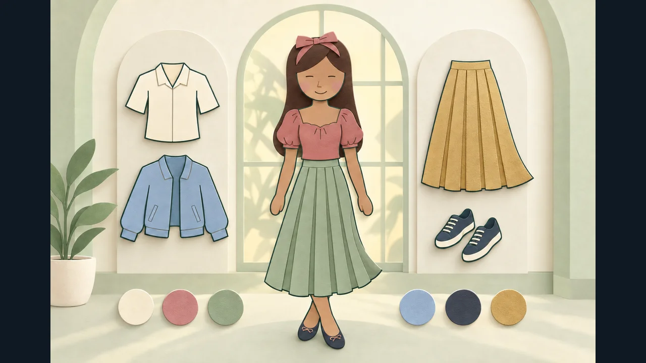 Dress-Up Studio cover showing a model, clothing pieces and a colour palette