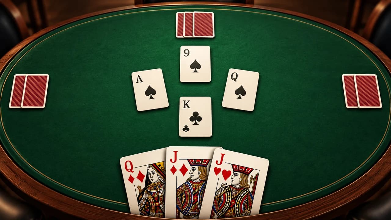 Euchre cover with a trick and red jacks on an oval green table