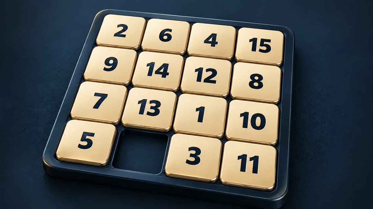 Fifteen cover with fifteen golden numbered tiles and an empty slot on a blue board