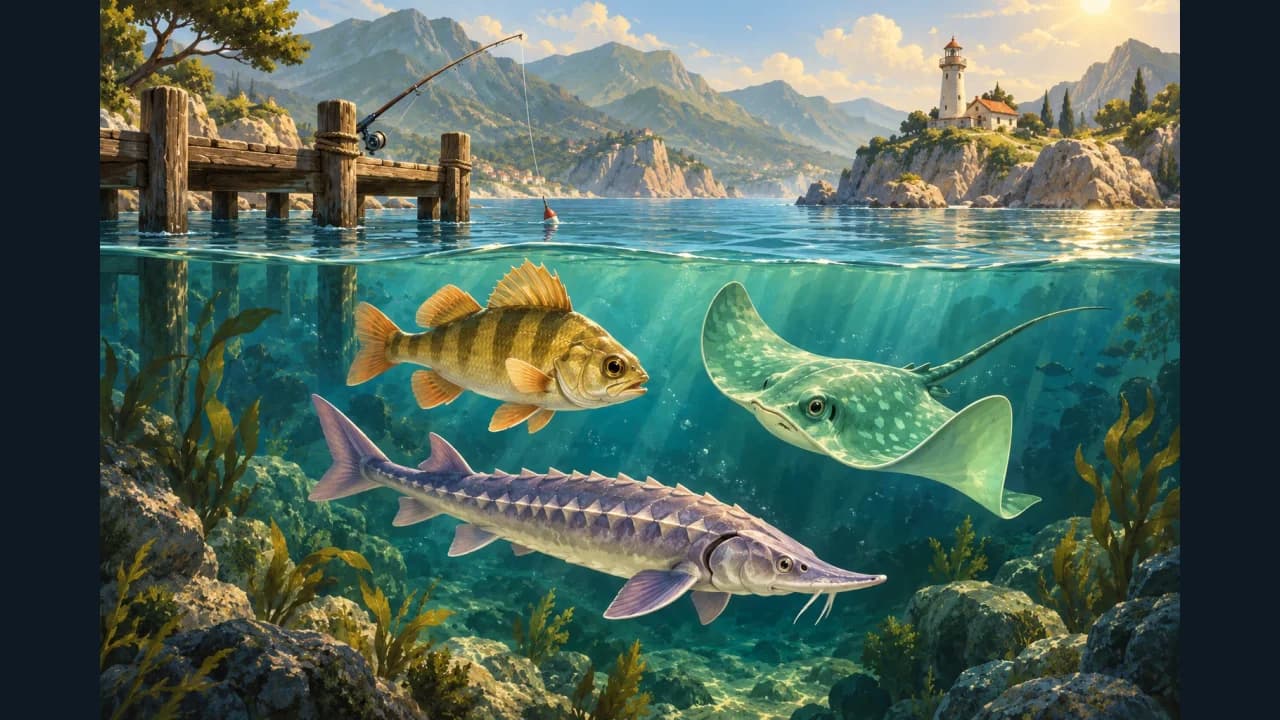 Tidekeeper cover with fish beneath a pier and a lighthouse on the coast
