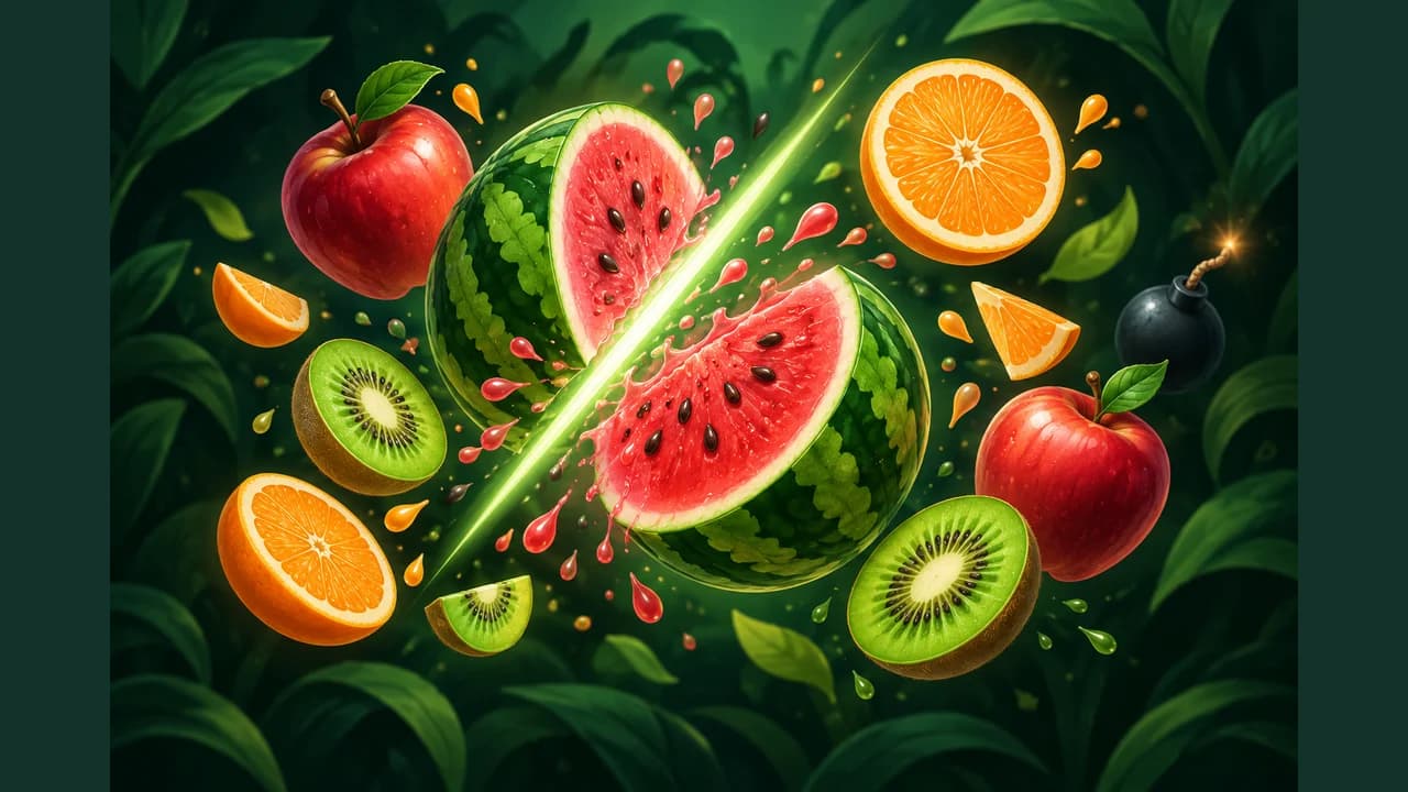 Fruit Slicing cover with sliced watermelon, apples, orange, kiwi and a bomb against a green background