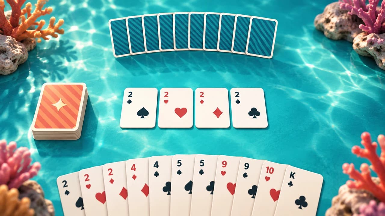 Go Fish cover with a book of four twos and playing cards against turquoise coral scenery