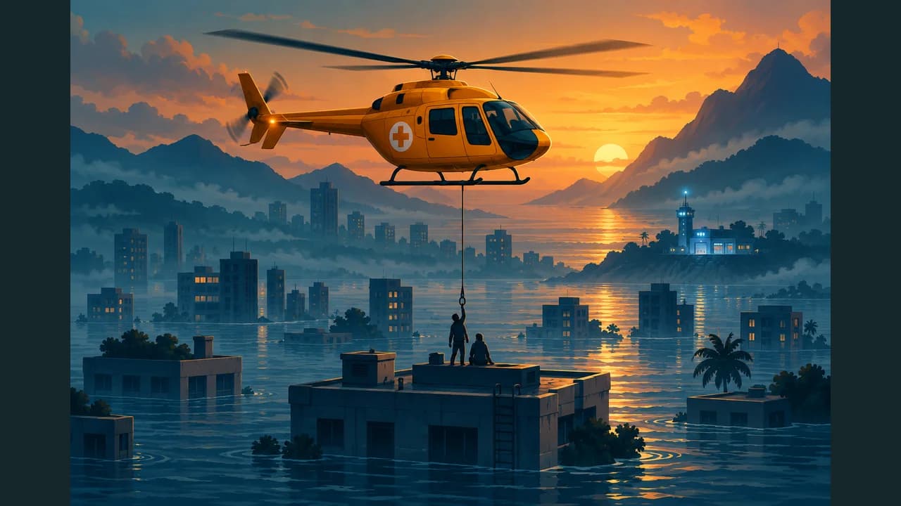 Helicopter Rescue cover with an orange helicopter hoisting a person above a flooded city
