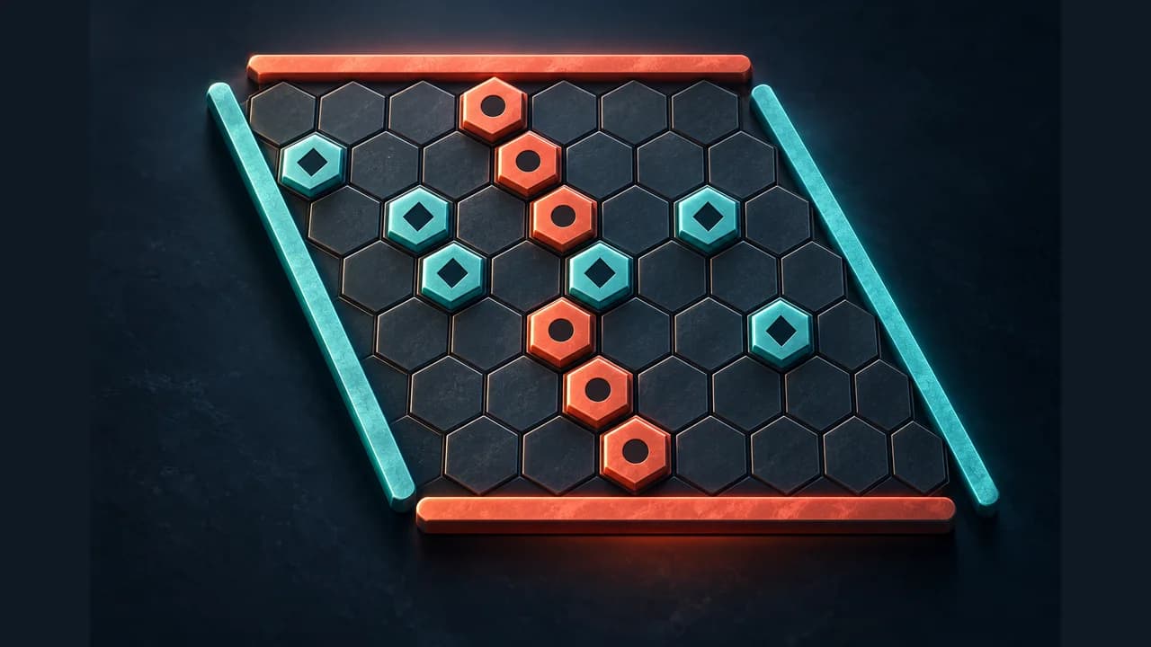 Hex cover with coral and teal stones on a hexagonal board