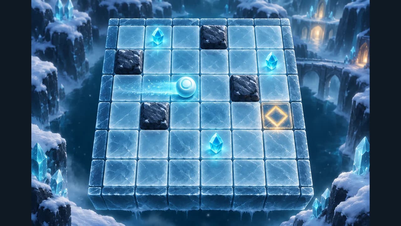 Ice Sliding Puzzle cover showing glowing crystals and a route between icy blocks
