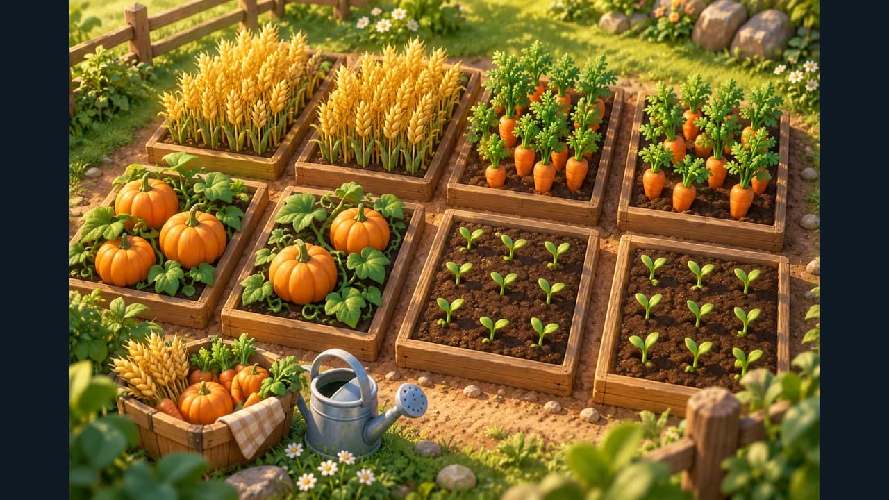 Idle Farm cover with plots of wheat, carrots, pumpkins and seedlings