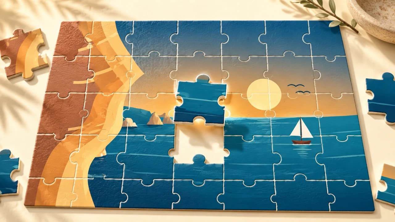 Jigsaw Puzzle cover with interlocking pieces showing a sailboat and a coast at sunset