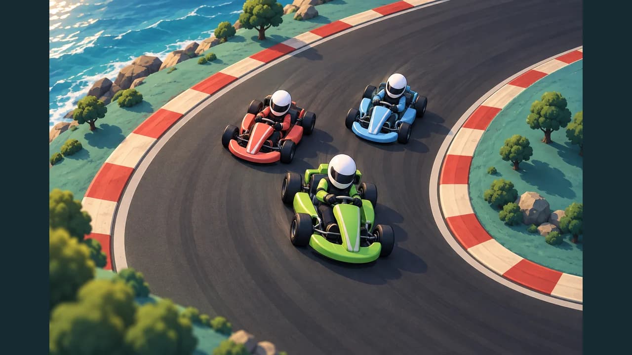 Kart Racing cover with three drivers in colorful karts on a coastal circuit
