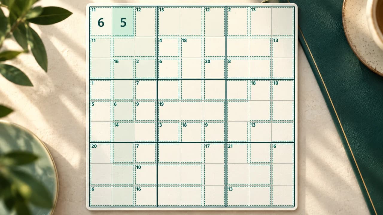 Killer Sudoku cover with dotted sum cages and a six and five