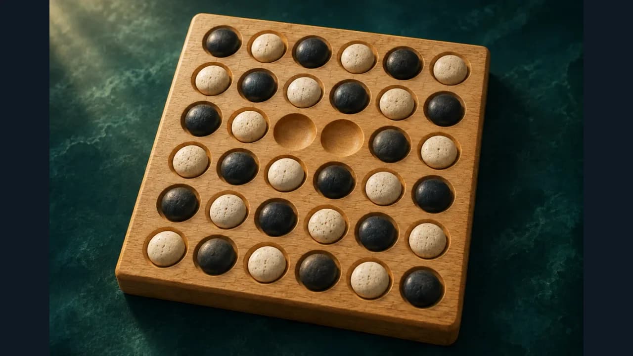 Kōnane cover showing light and dark pieces on a board