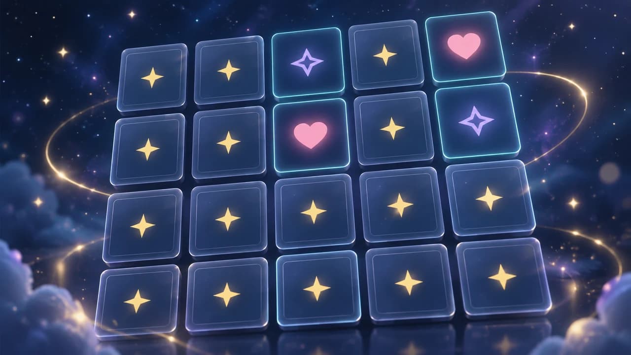 Lumen Pairs cover with pink heart and violet star pairs among blue cards with golden stars