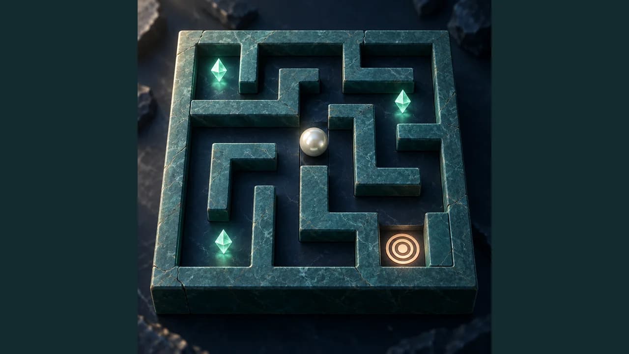 Marble Maze cover with a metallic marble, three crystals and a glowing exit in a stone labyrinth