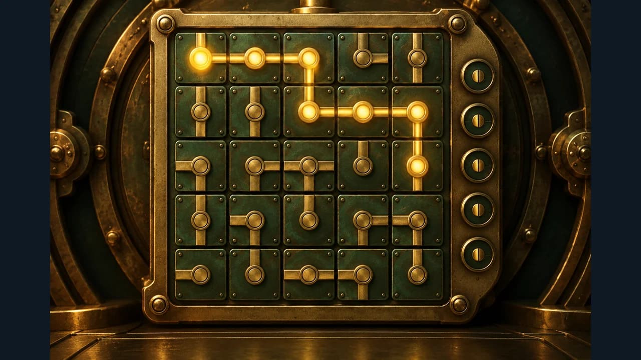 Mechanical Escape Room cover showing a glowing brass circuit on a vault