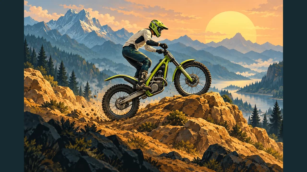 Motorbike Trials cover with a rider on a green motorcycle climbing a rocky slope at sunset