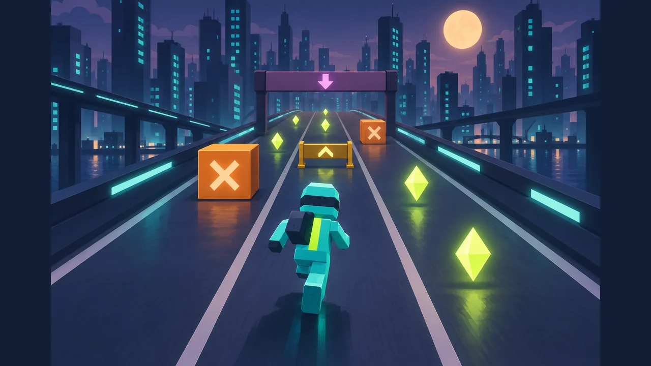 Neon Relay cover showing a turquoise runner, energy cells and three-lane obstacles beneath a neon city