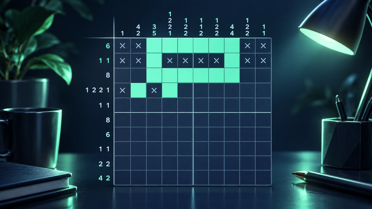 Nonogram Atelier cover with mint cells, cross marks and number clues in a blue grid