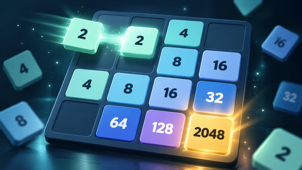 Number Merge cover with two number 2 tiles approaching a board with a golden 2048 tile