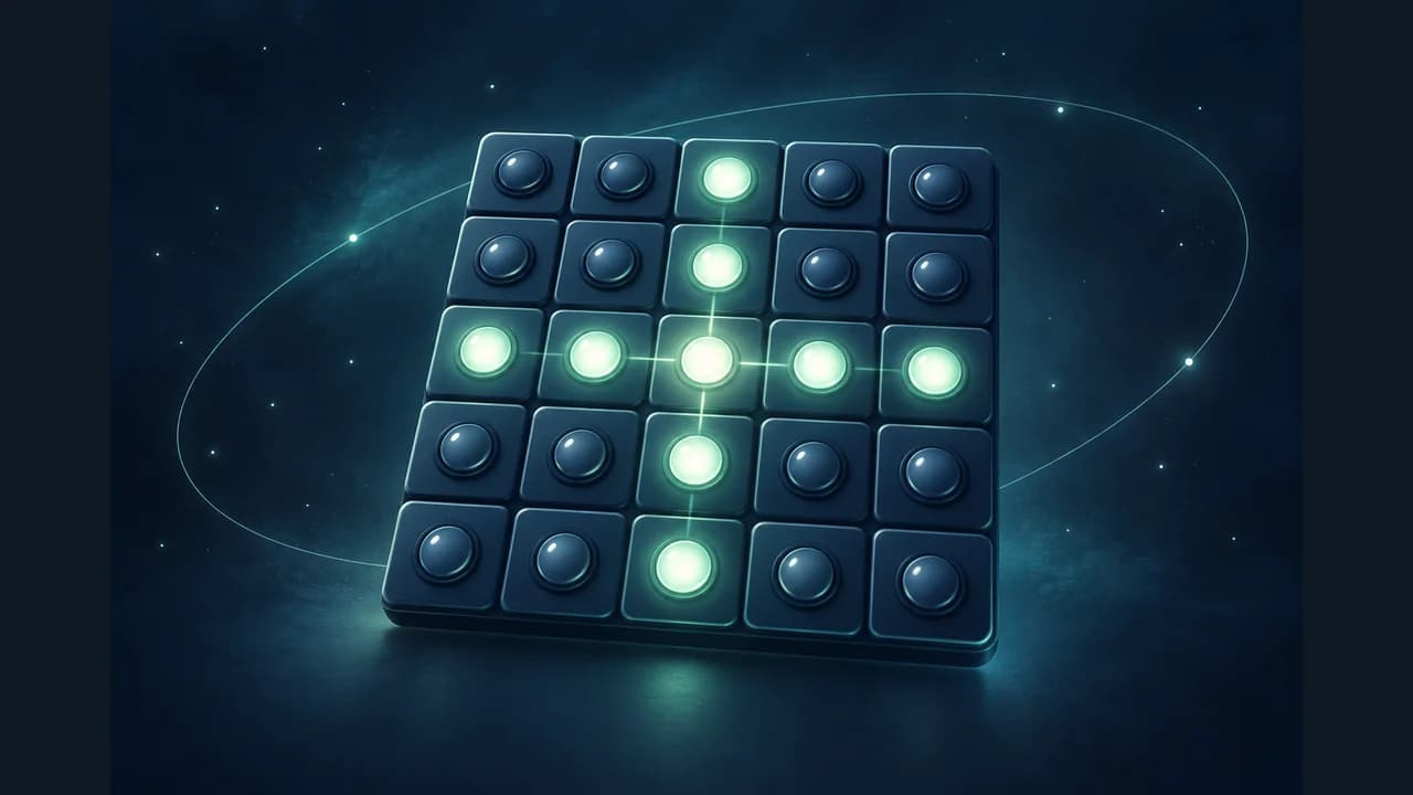 Orbit Lights cover showing glowing green lights on dark blue tiles