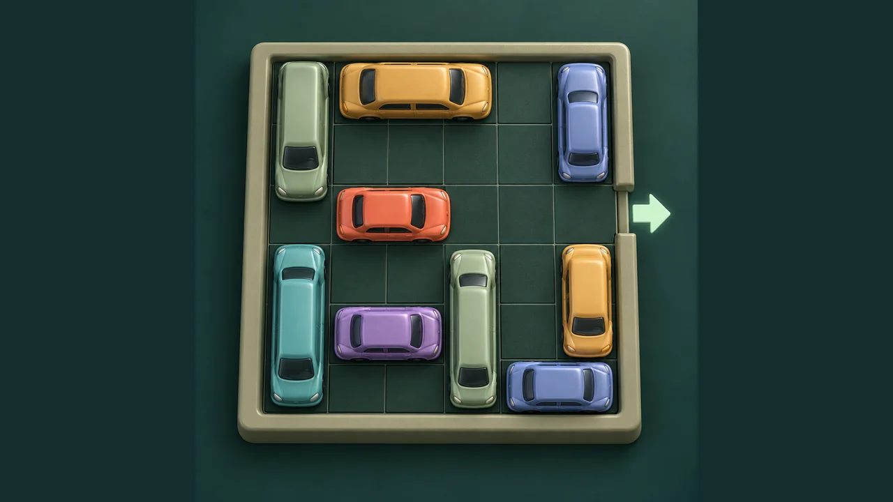 Parking Jam Puzzle cover with colourful cars and an exit for the coral car