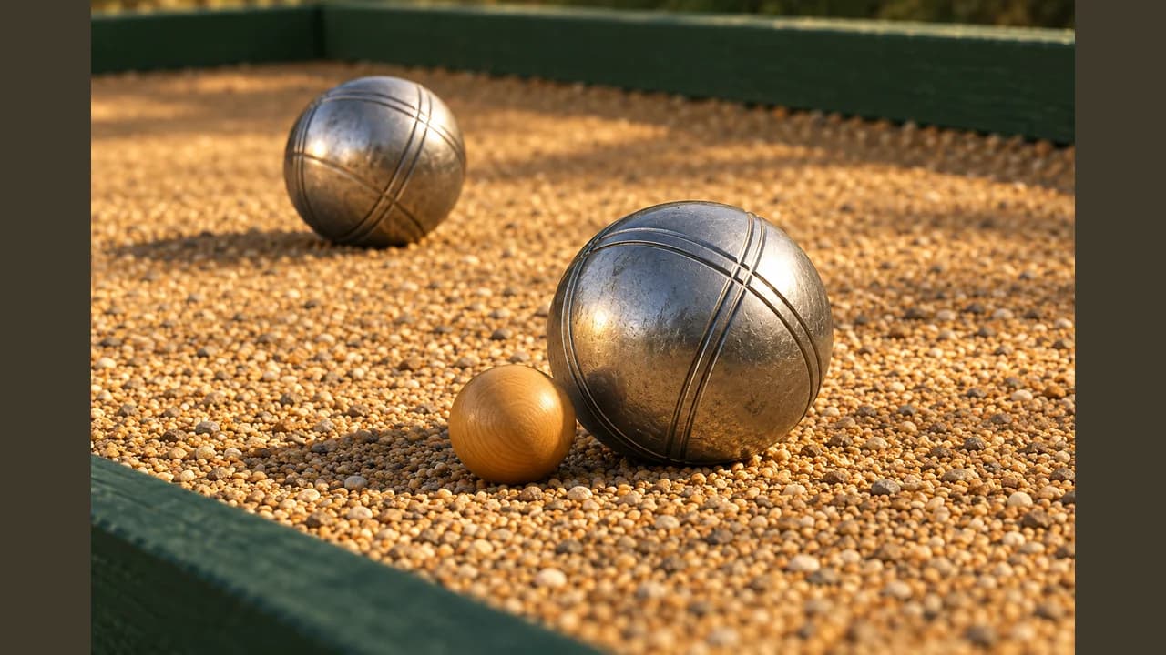 Precision Pétanque cover with metal boules beside a wooden jack on gravel