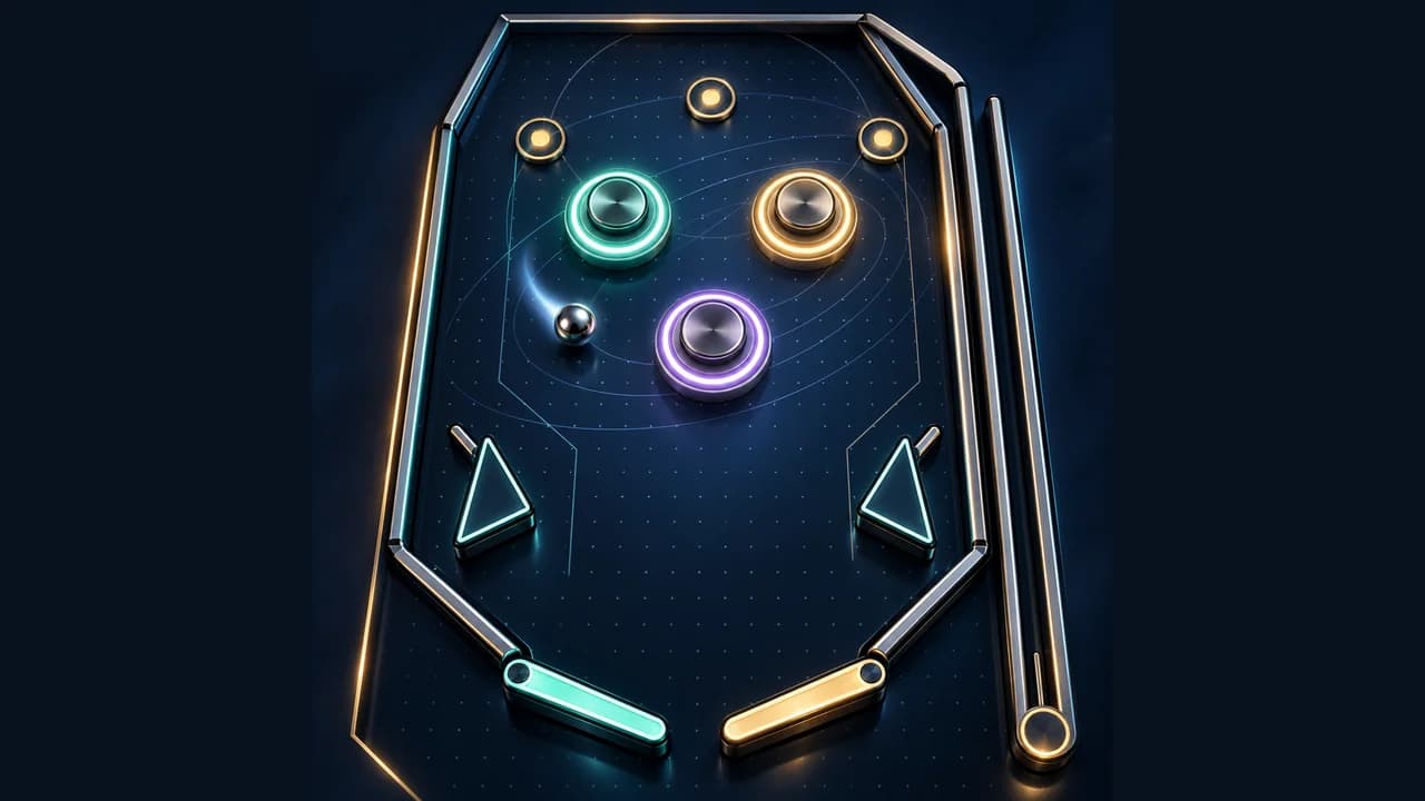 Pinball Orbit cover with a steel ball, glowing bumpers and flippers on a space themed table