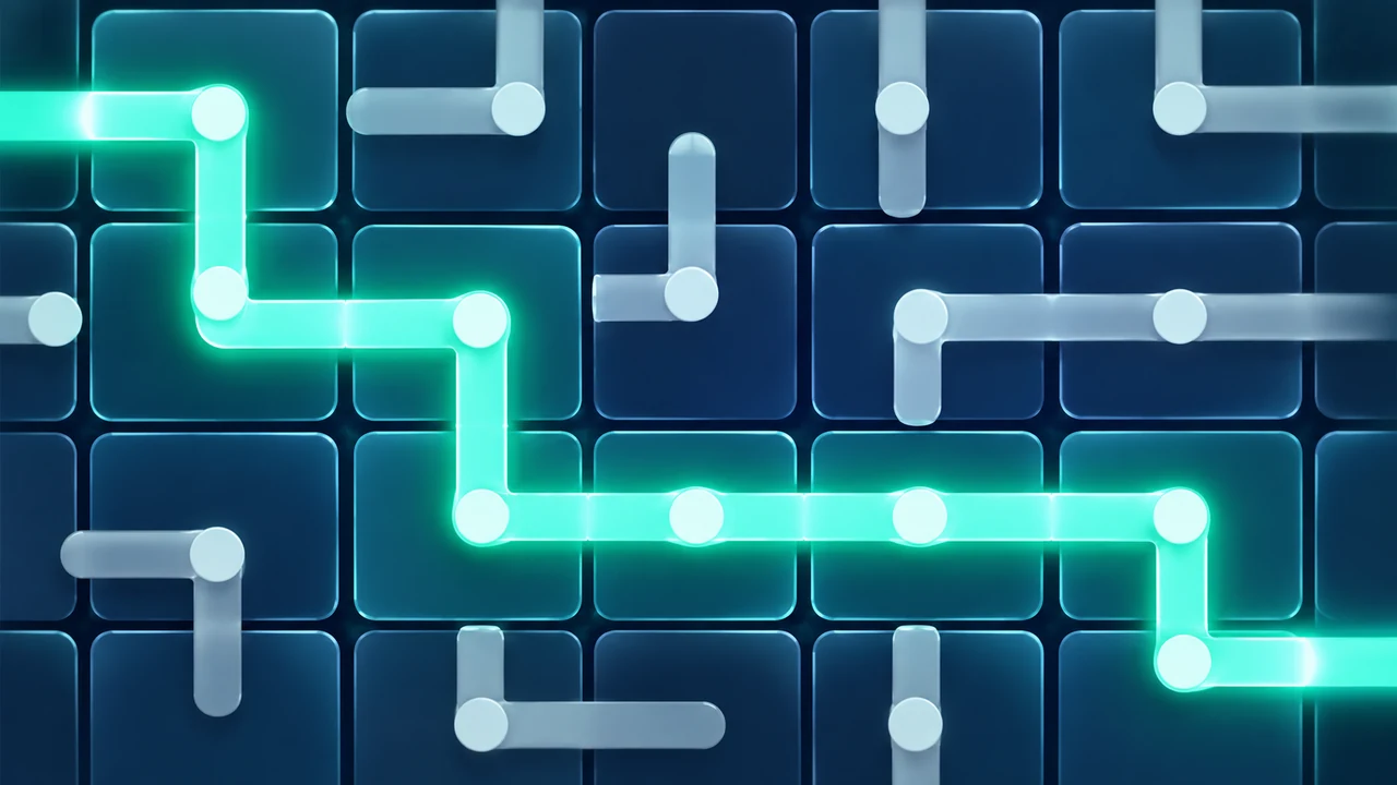 Pipe Connect cover with glowing mint water flowing through pipes on dark blue tiles