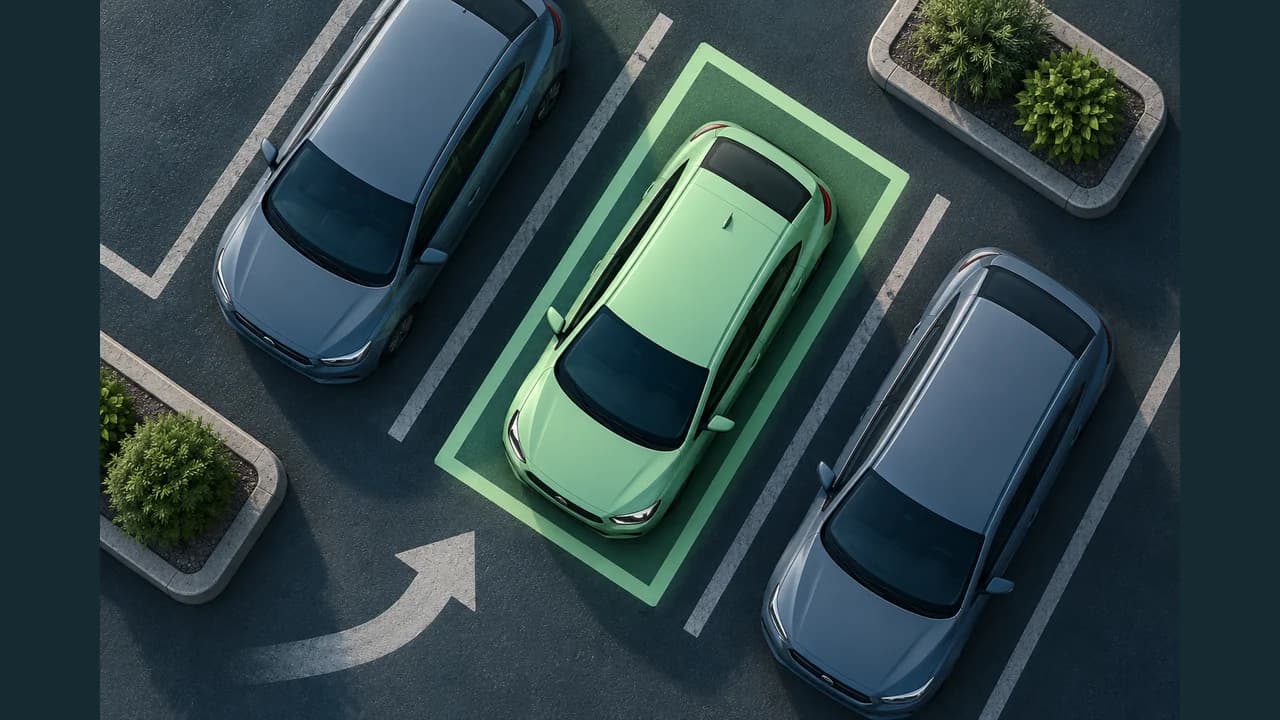 Precision Parking cover with a green car in a marked bay between two vehicles