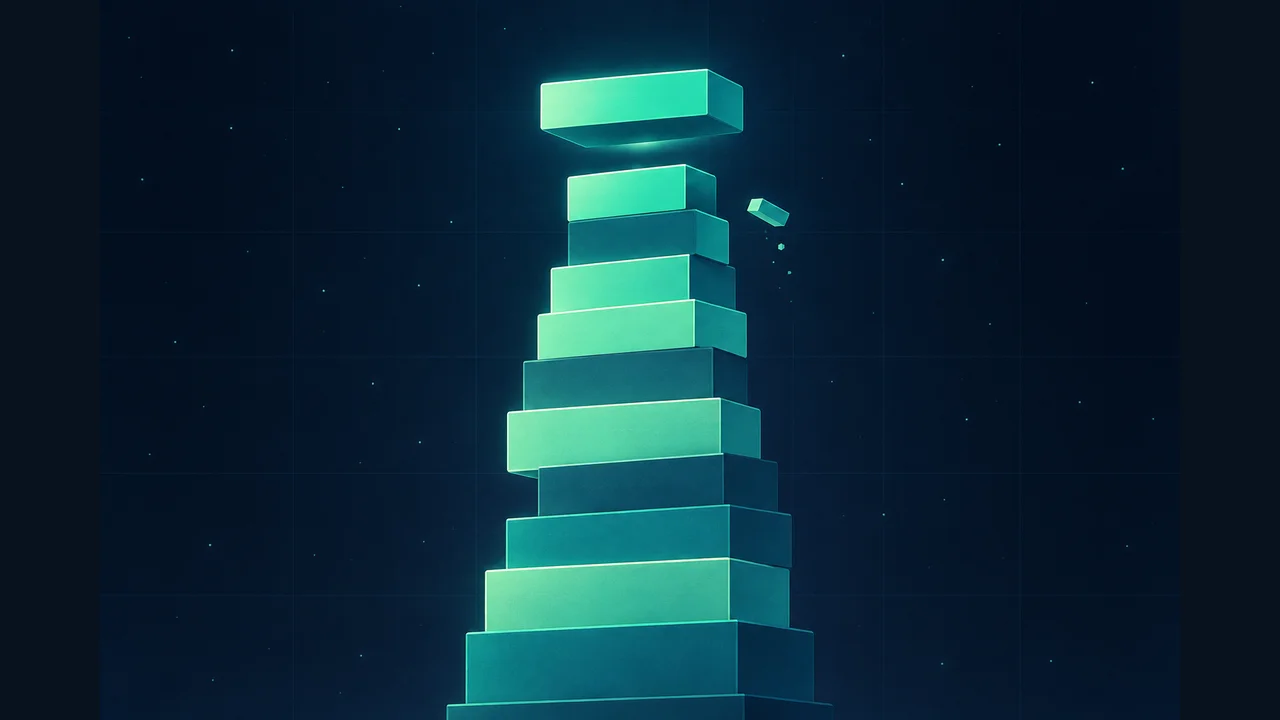 Precision Tower cover with glowing stacked blocks on a dark background