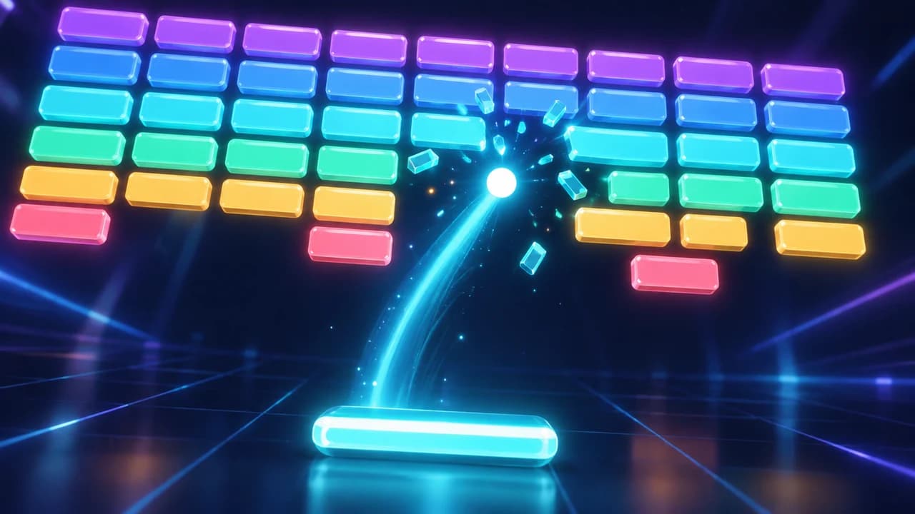 Prism Breaker cover with a cyan paddle returning a glowing ball toward colorful bricks