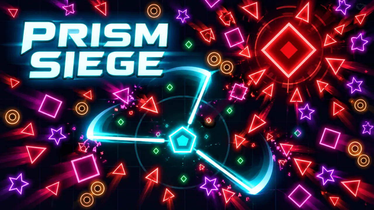 Prism Siege cover with a cyan neon core surrounded by red and violet geometric enemies