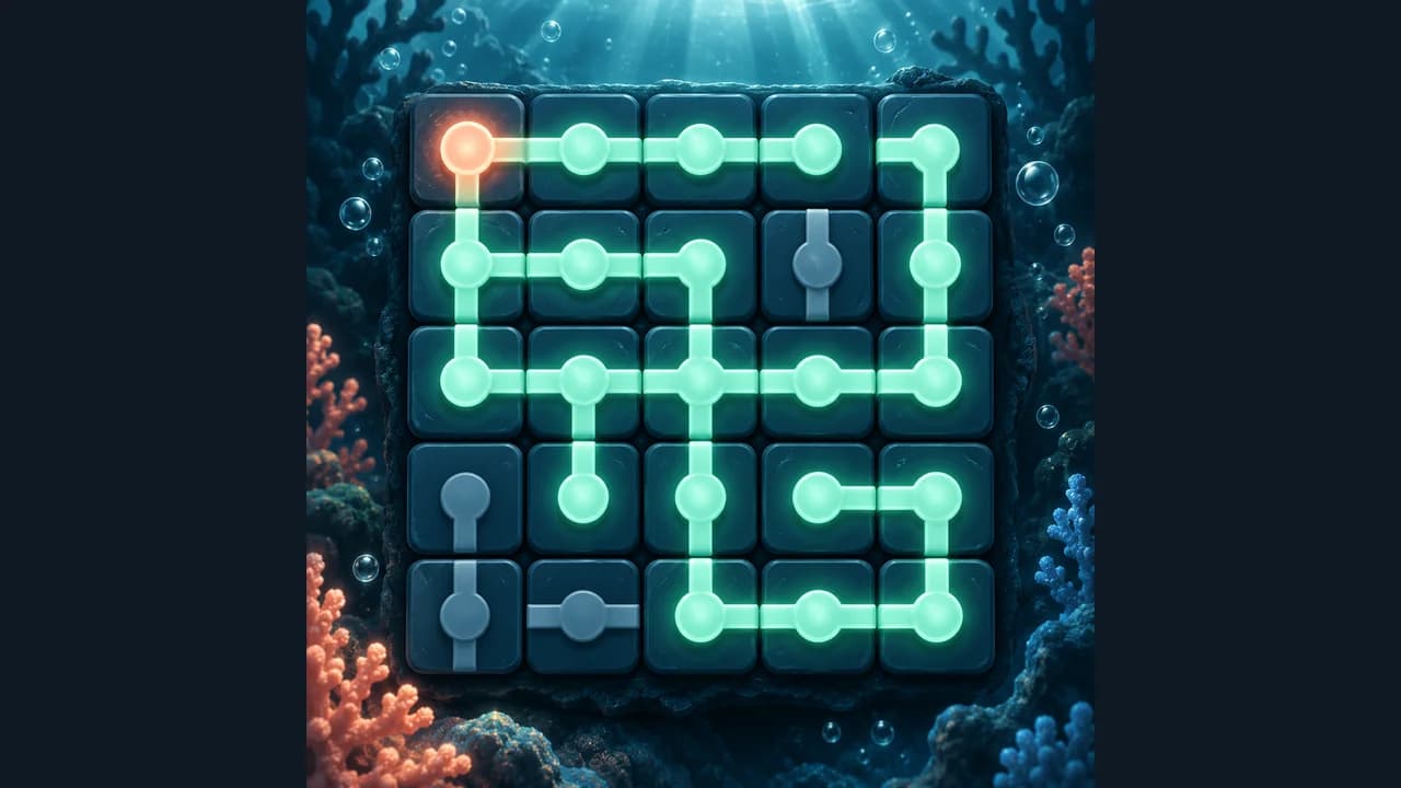Reef Relay cover with glowing turquoise channels on an underwater board