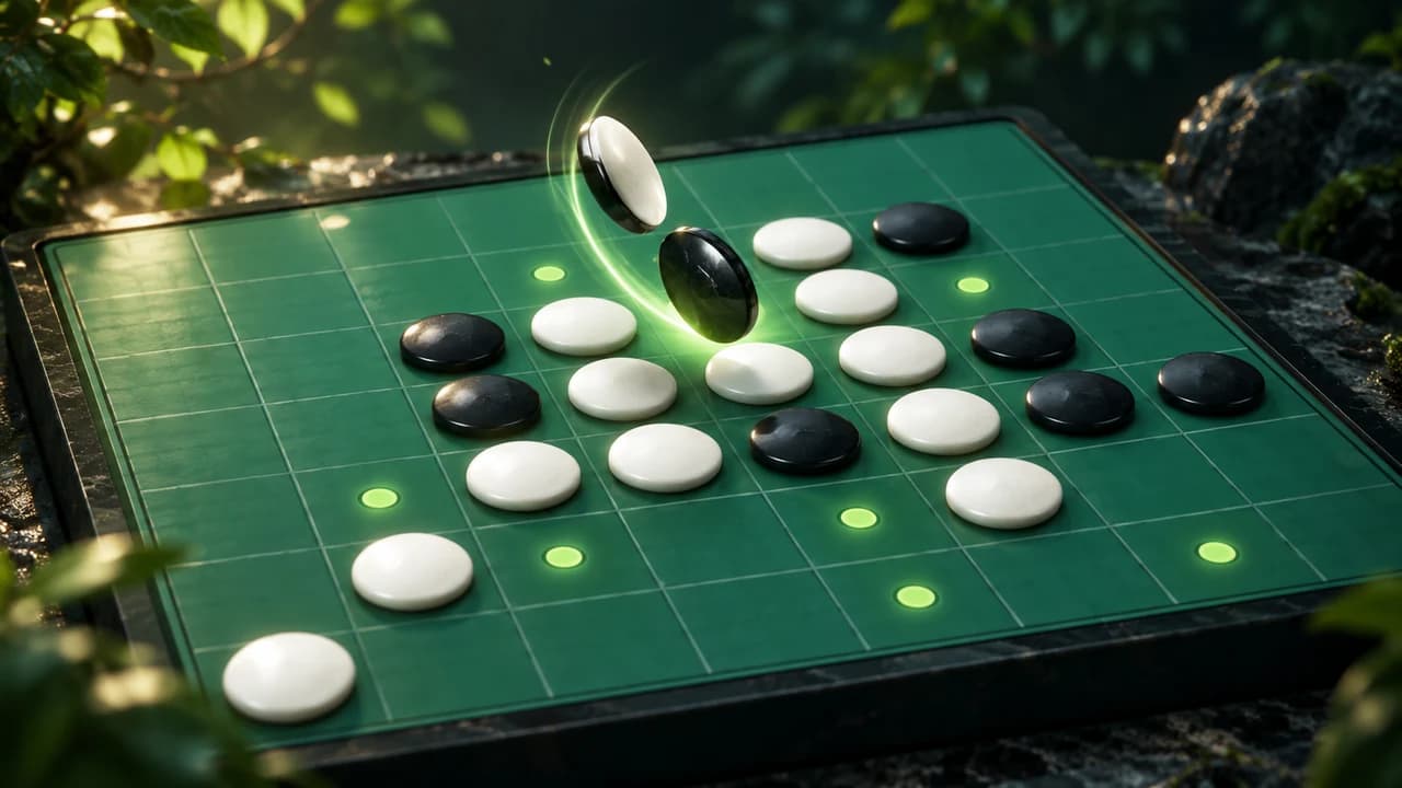 Reversi cover with black and white discs, some flipping, on a green board with glowing dots