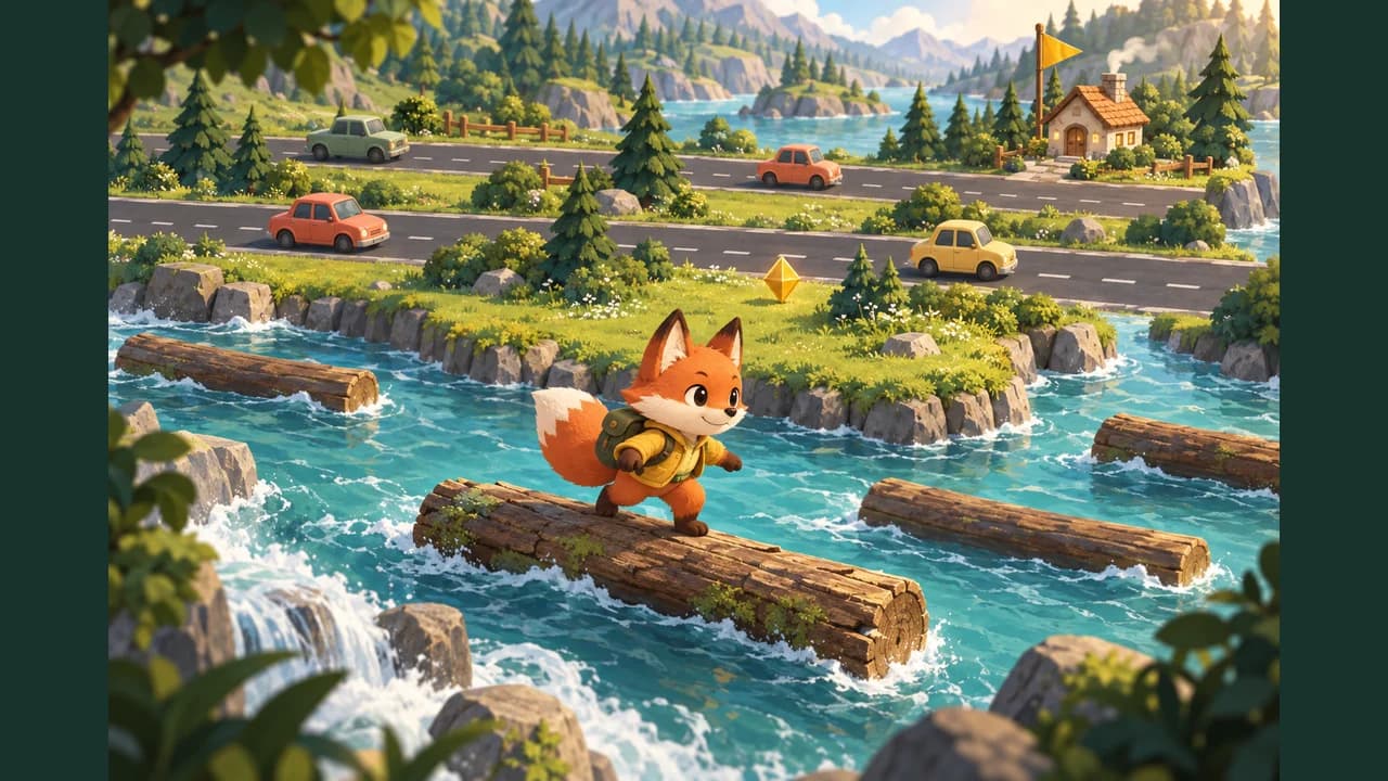 River and Road cover showing a fox courier on a log beside a river and roads with cars