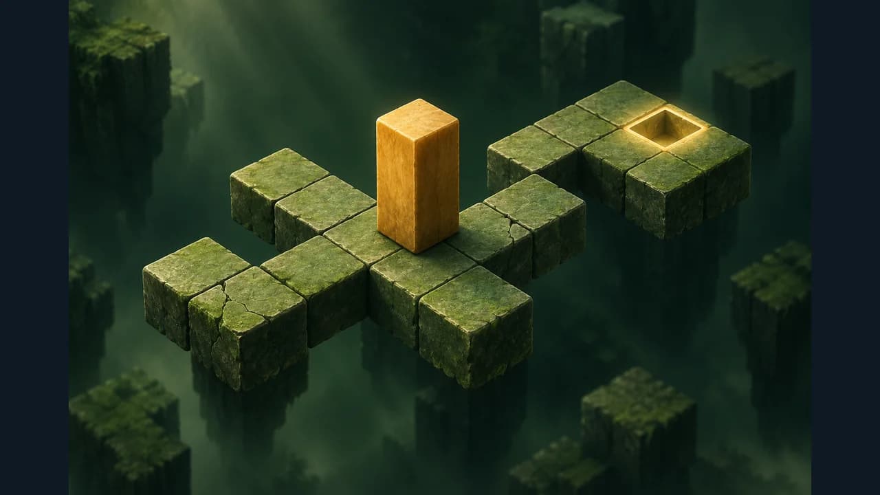 Rolling Block Puzzle cover showing a golden block on a floating stone path
