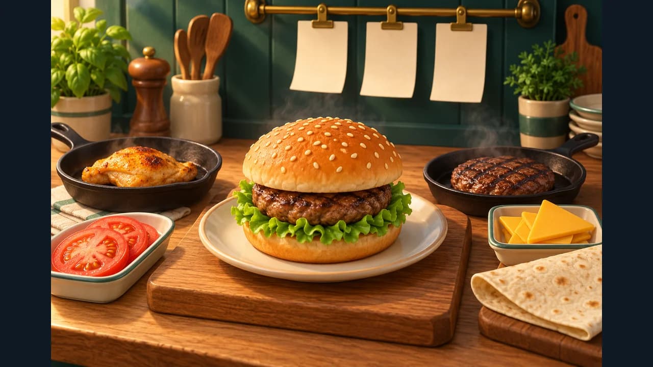 Rush Kitchen cover showing a burger, pans and ingredients in a kitchen