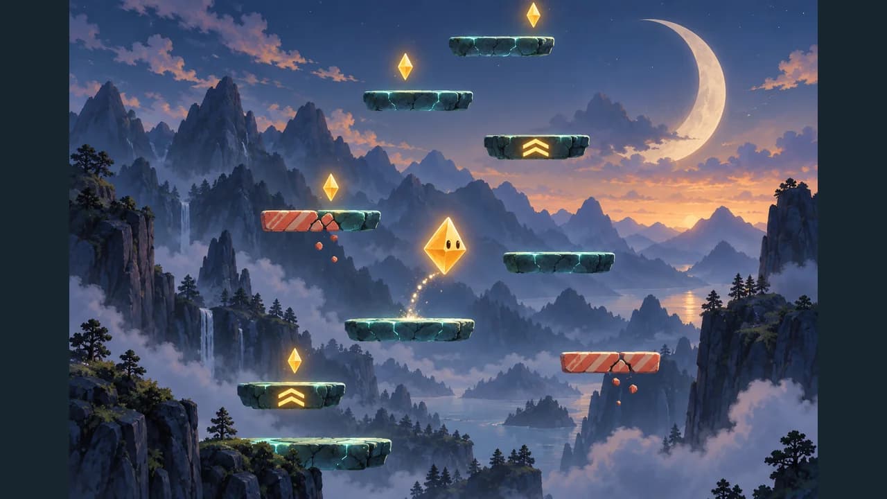 Prism Ascent cover with an amber crystal and glowing platforms above mountains