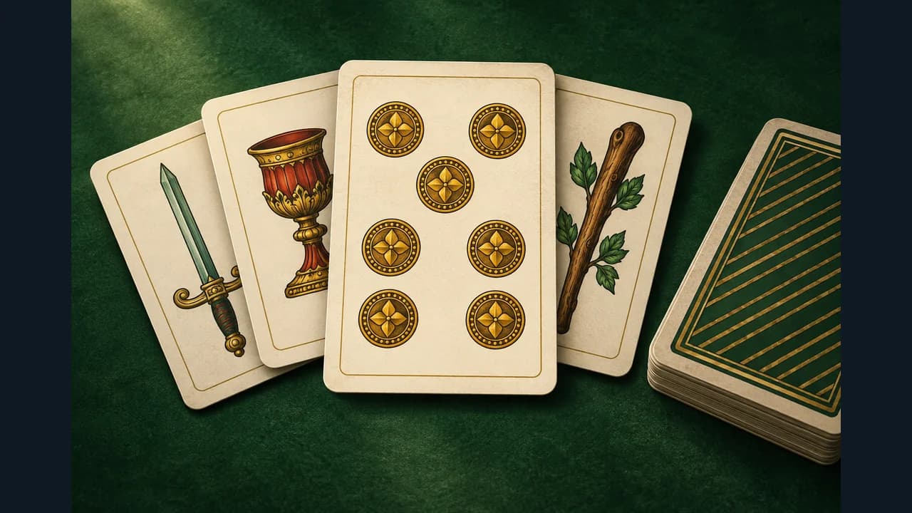 Scopa cover showing Italian cards and the seven of coins