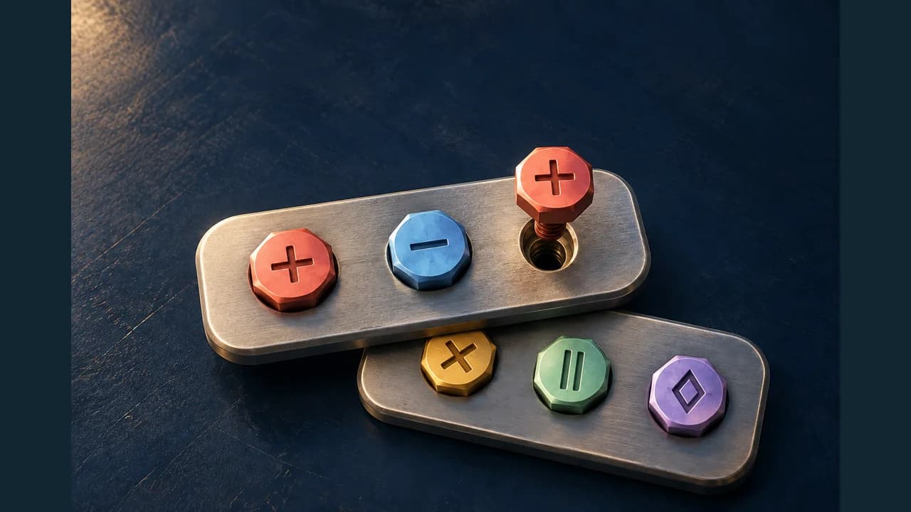 Screw Workshop cover with colourful screws and stacked metal plates