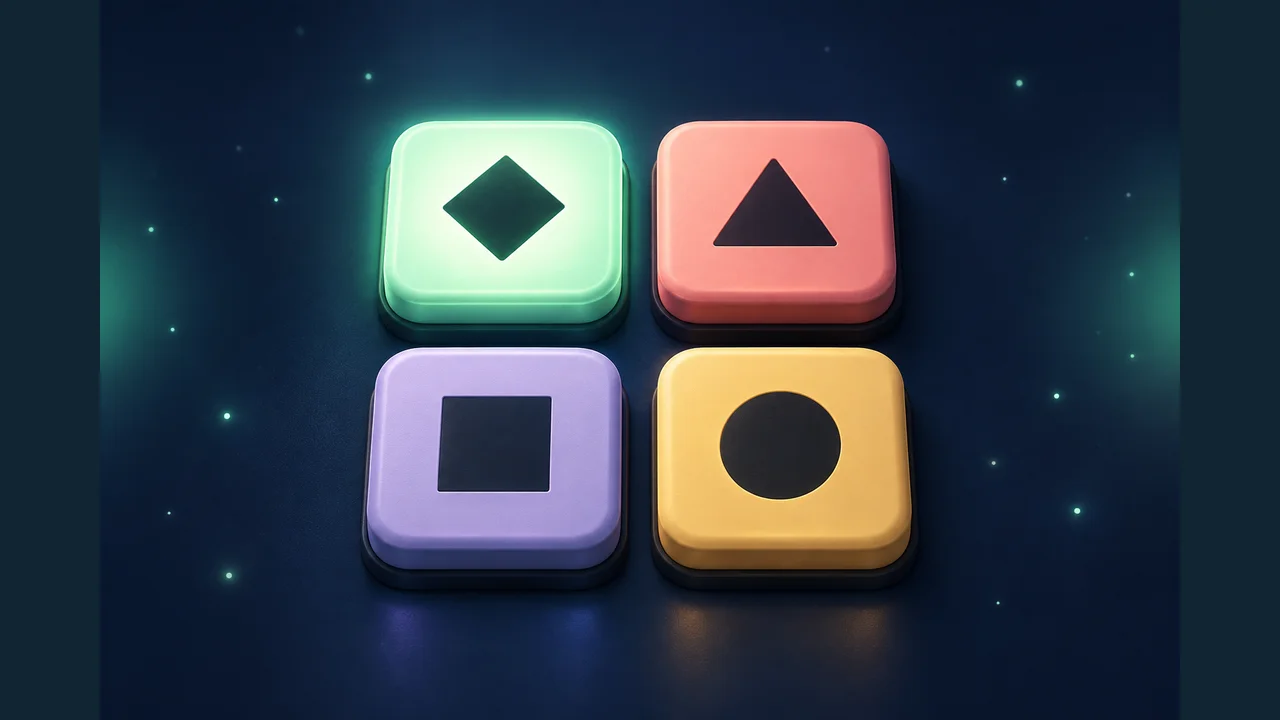 Sequence Memory cover with four glowing diamond, triangle, square and circle buttons