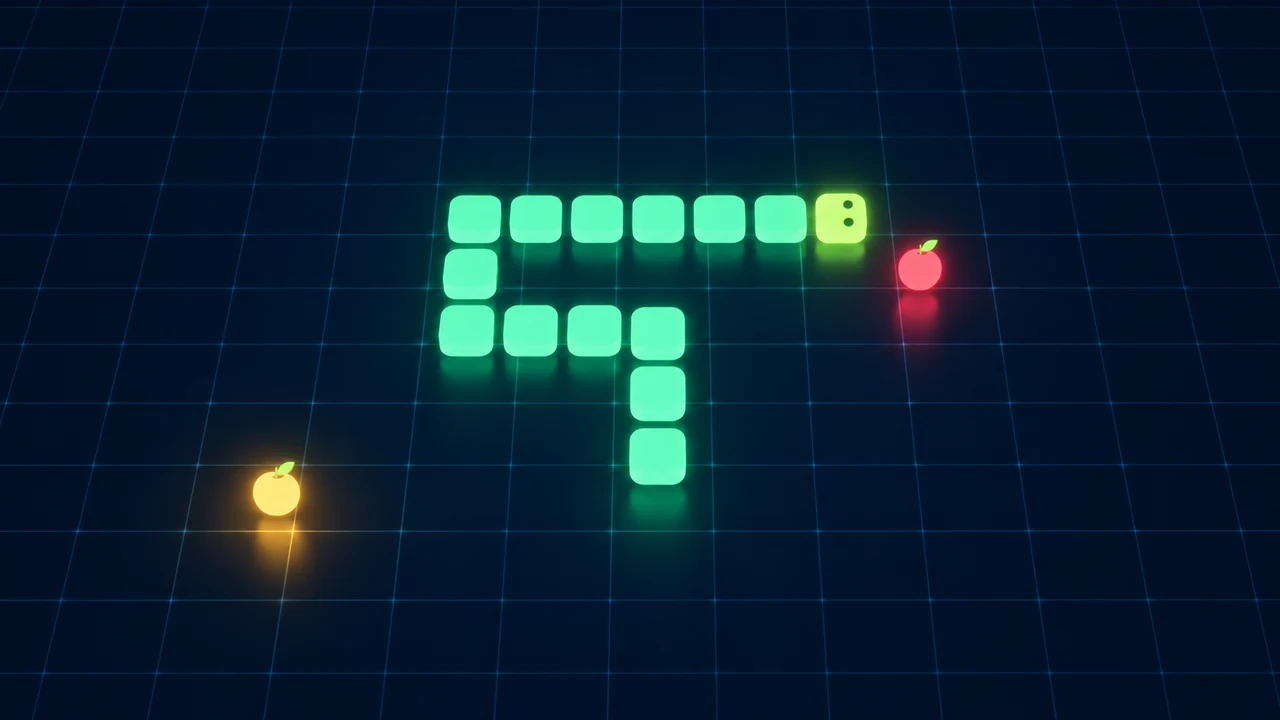 Snake Neon cover with a glowing green snake and apples on a dark blue grid