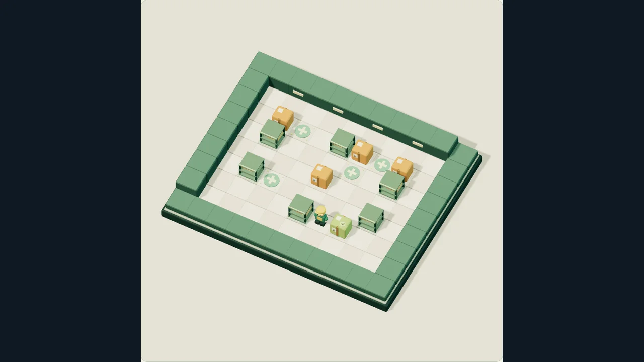 Stock Shift 3D cover with crates and marked docks in an isometric warehouse