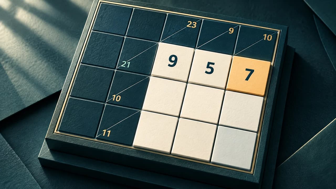 Sumline Cross Sums cover with cream 9, 5 and 7 tiles beside clues in dark blue cells