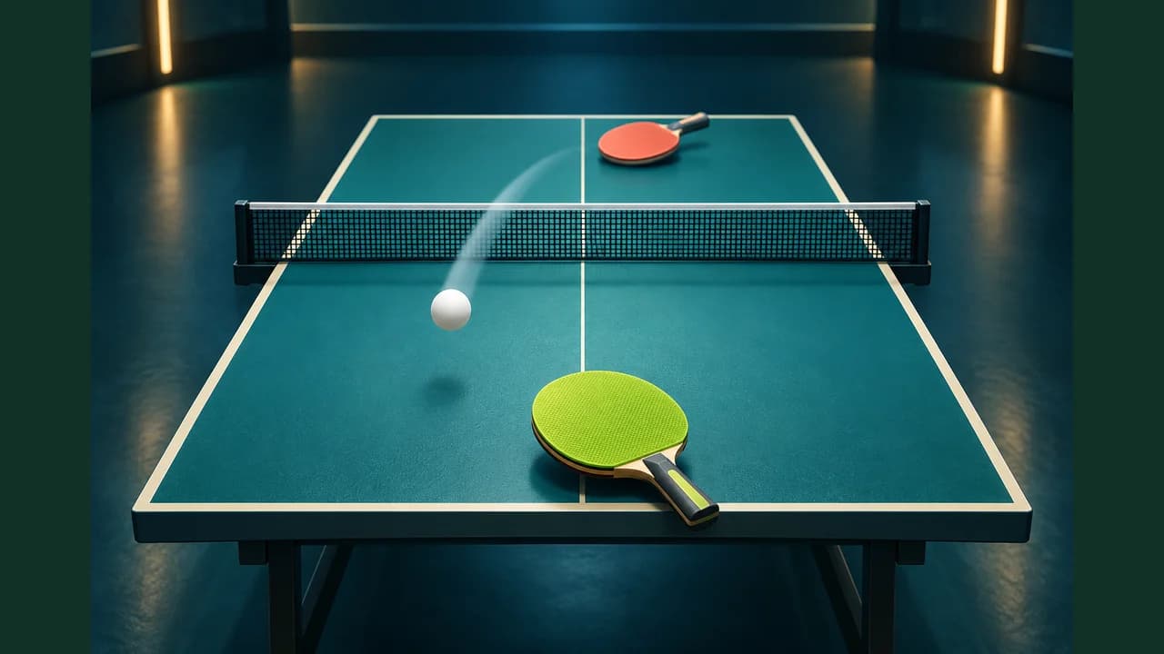 Table Tennis cover showing two paddles and a ball above a green table