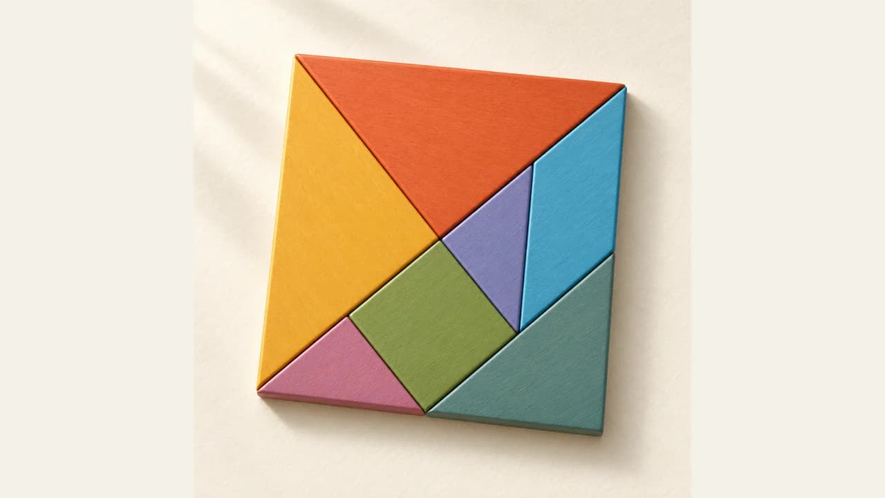 Tangram Atelier cover: seven colourful geometric pieces forming a square