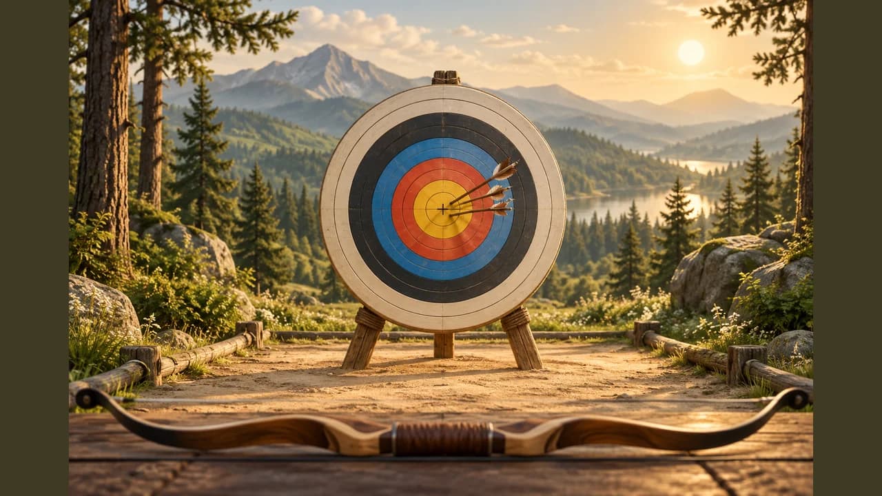 Target Archery cover with a bow and arrows in a target overlooking mountain scenery