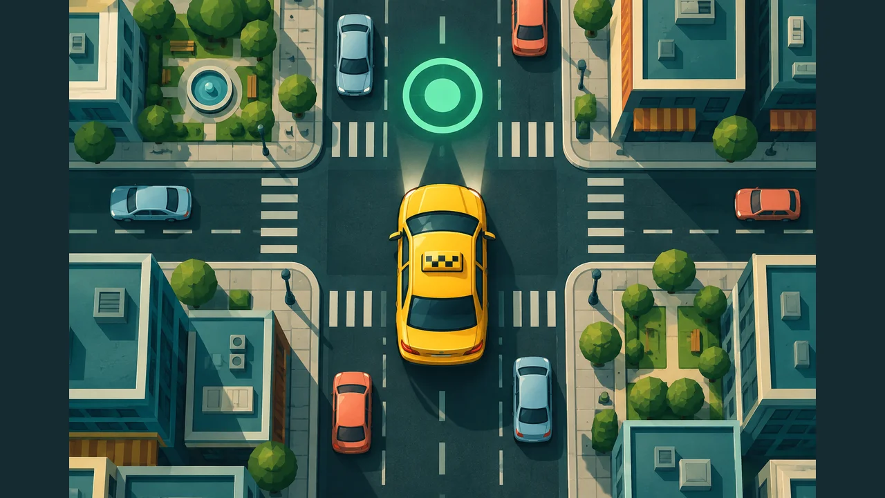 Taxi Driving Missions cover with a yellow cab at a city intersection and a green destination marker