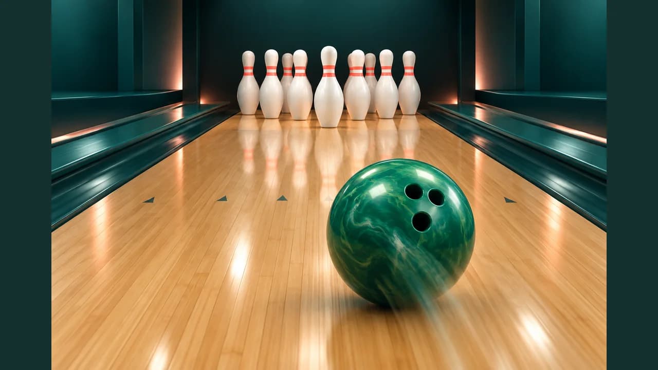 Bowling Club cover with a green ball and white pins at the end of a wooden lane